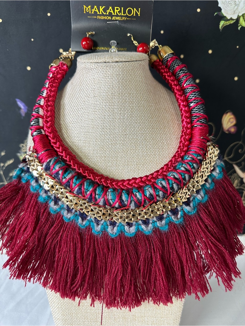 Makarlon Burgundy Fringe Statement Necklace with Teal Accents